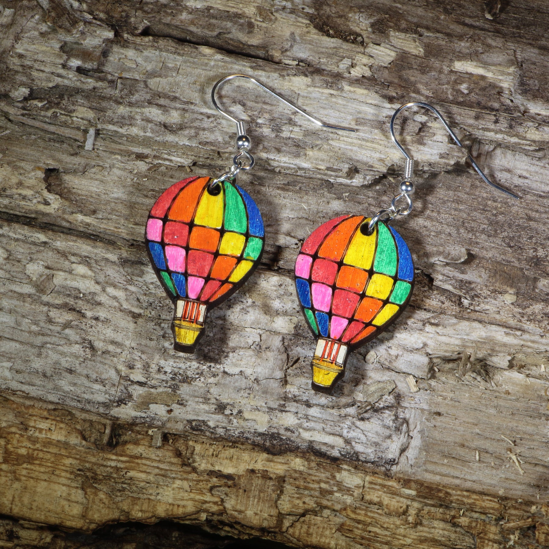 Rainbow Hot Air Balloon Wooden Dangle Earrings | Travel Jewelry by Cate's Concepts, LLC