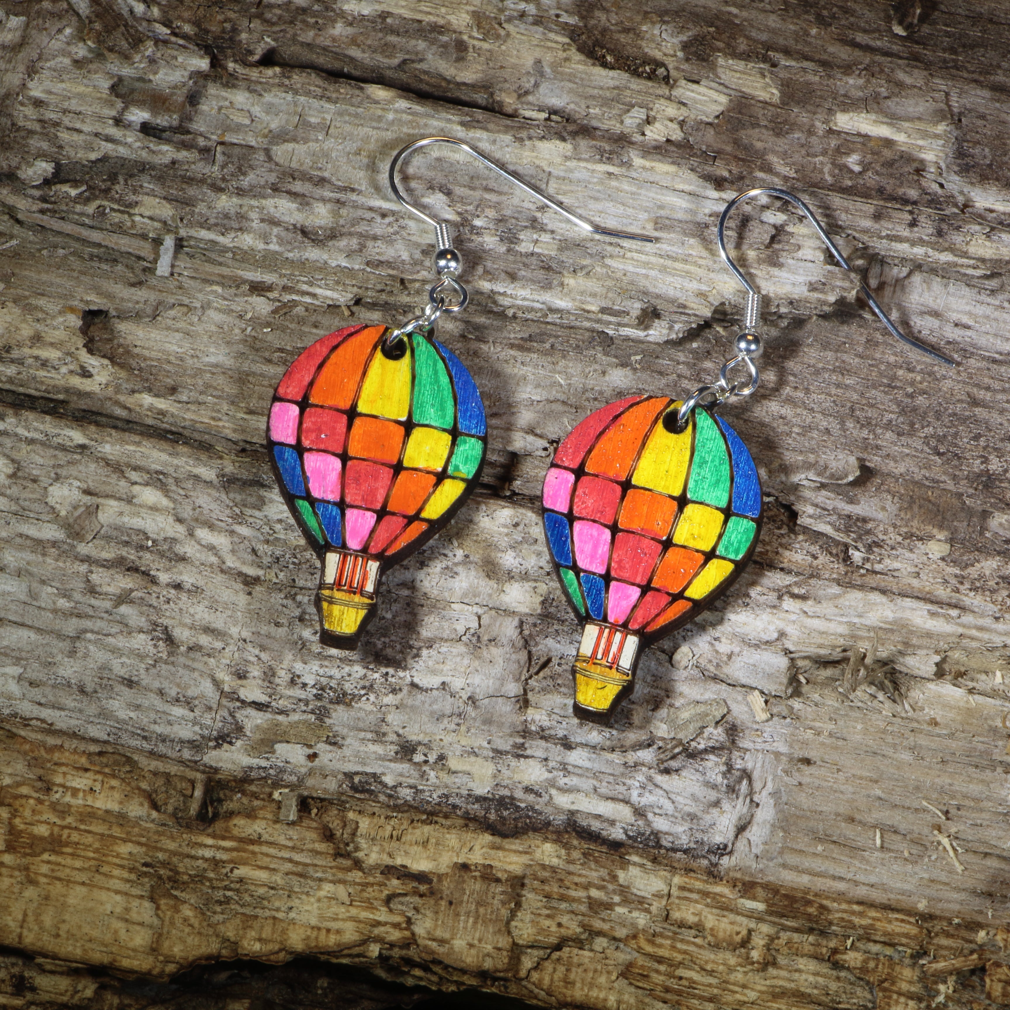Rainbow Hot Air Balloon Wooden Dangle Earrings | Travel Jewelry by Cate's Concepts, LLC