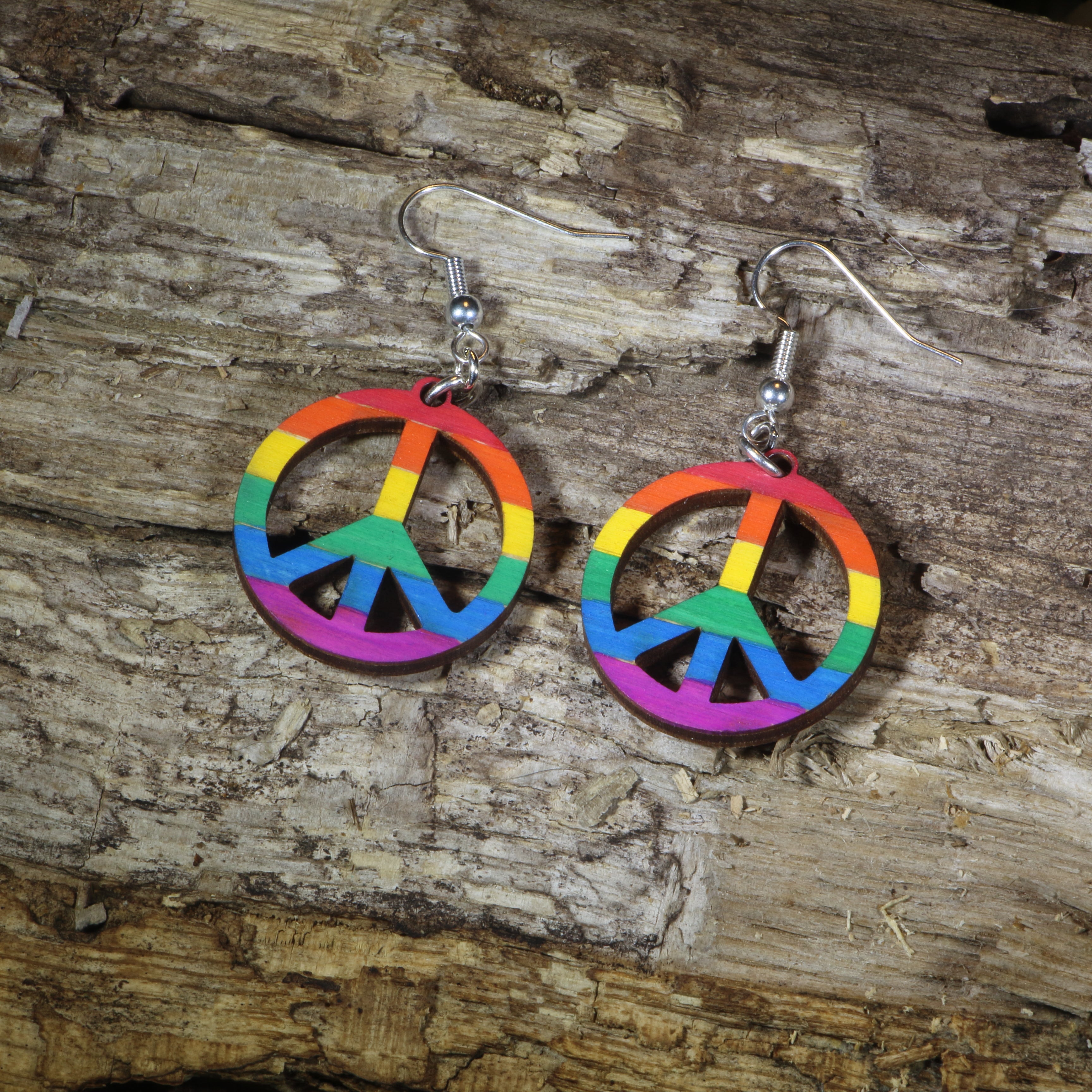 Rainbow Peace Sign Wooden Earrings | Hippie Pride Jewelry by Cate's Concepts, LLC