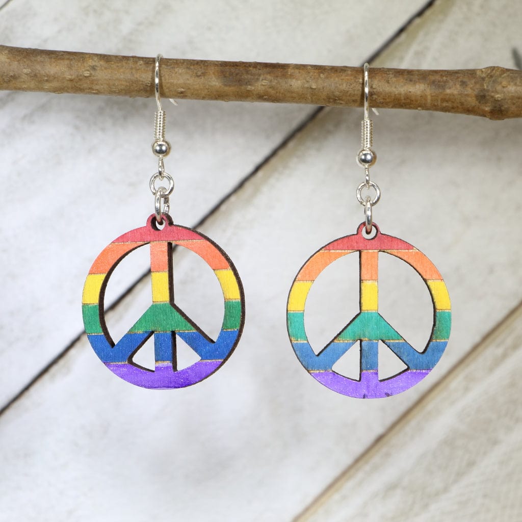 Rainbow Peace Sign Wooden Earrings | Hippie Pride Jewelry detail view by Cate's Concepts, LLC