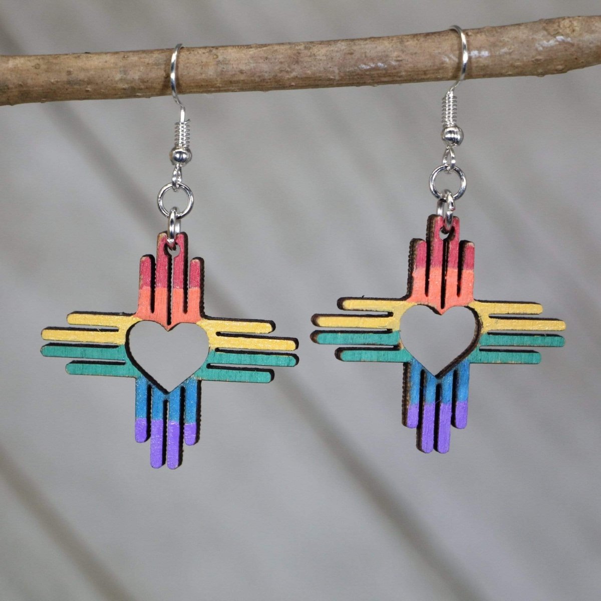 Rainbow Zia Heart Wooden Earrings | New Mexico Pride Jewelry by Cate's Concepts, LLC