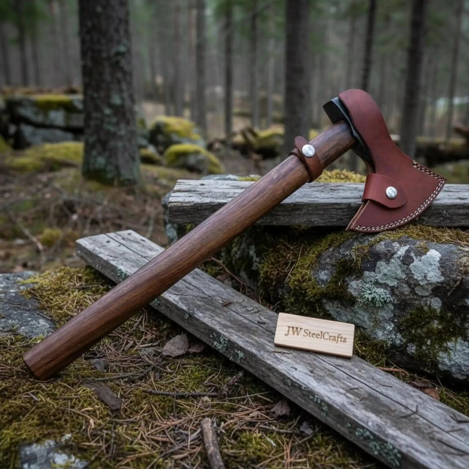 Hand Forged Damascus Steel Viking Axe – True Layered Bearded Axe with Hardwood Handle & Leather Sheath | JW SteelCrafts by JW SteelCrafts, leather knife sheath detail photo 4