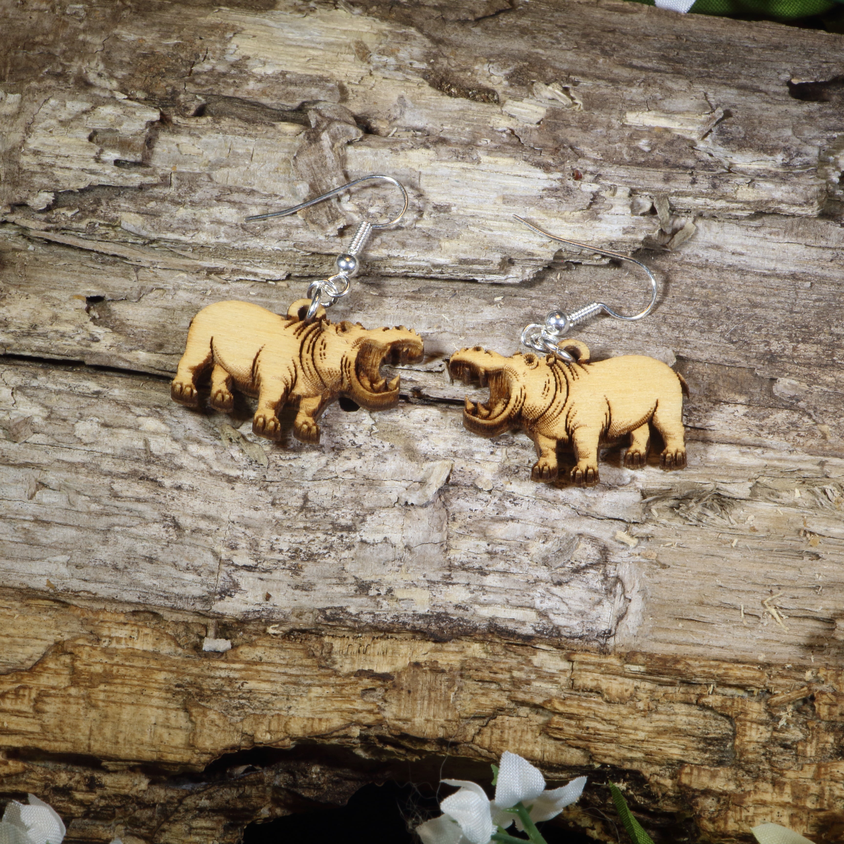 Realistic Hippo Wooden Dangle Earrings | Wildlife Animal Jewelry by Cate's Concepts, LLC