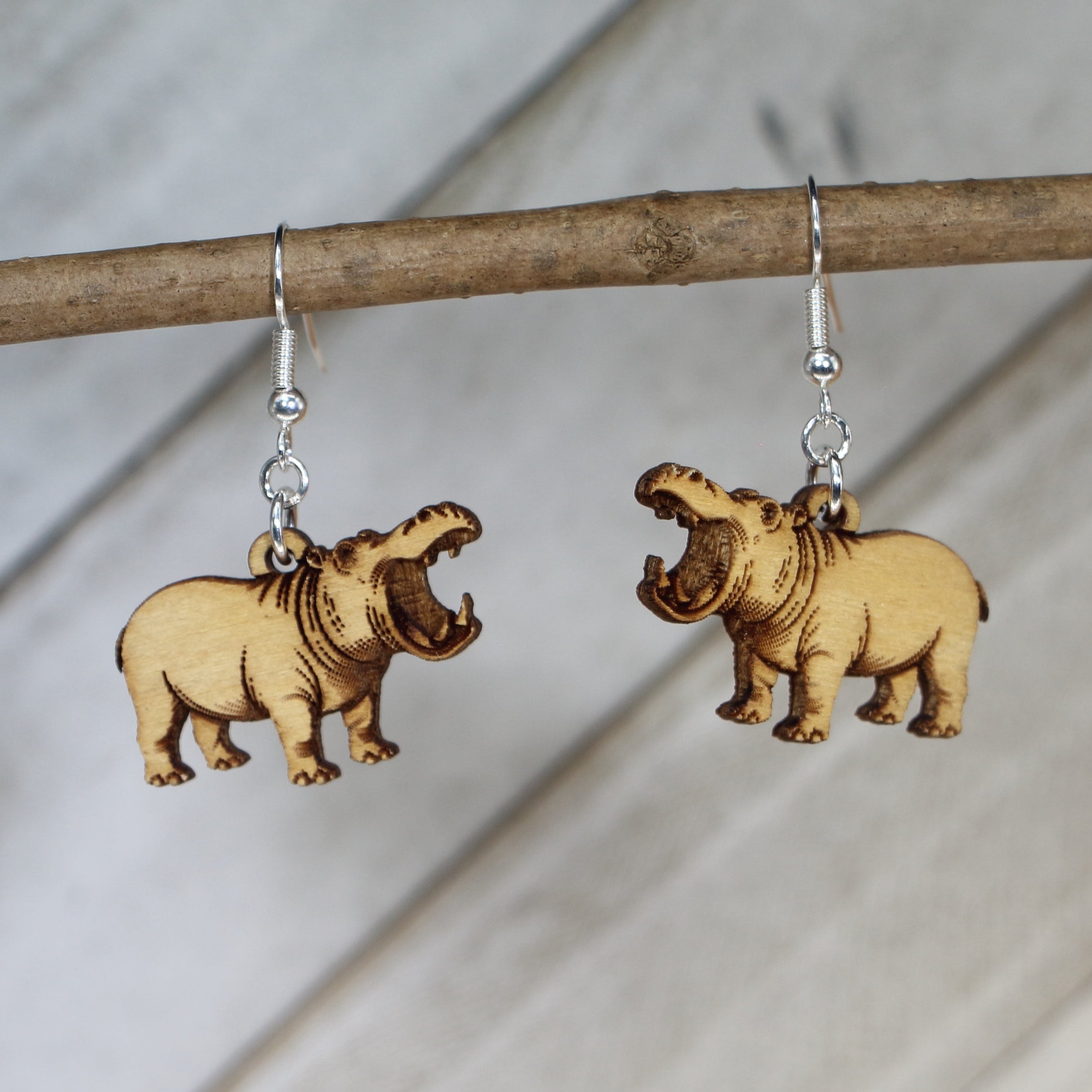 Realistic Hippo Wooden Dangle Earrings | Wildlife Animal Jewelry detail view by Cate's Concepts, LLC