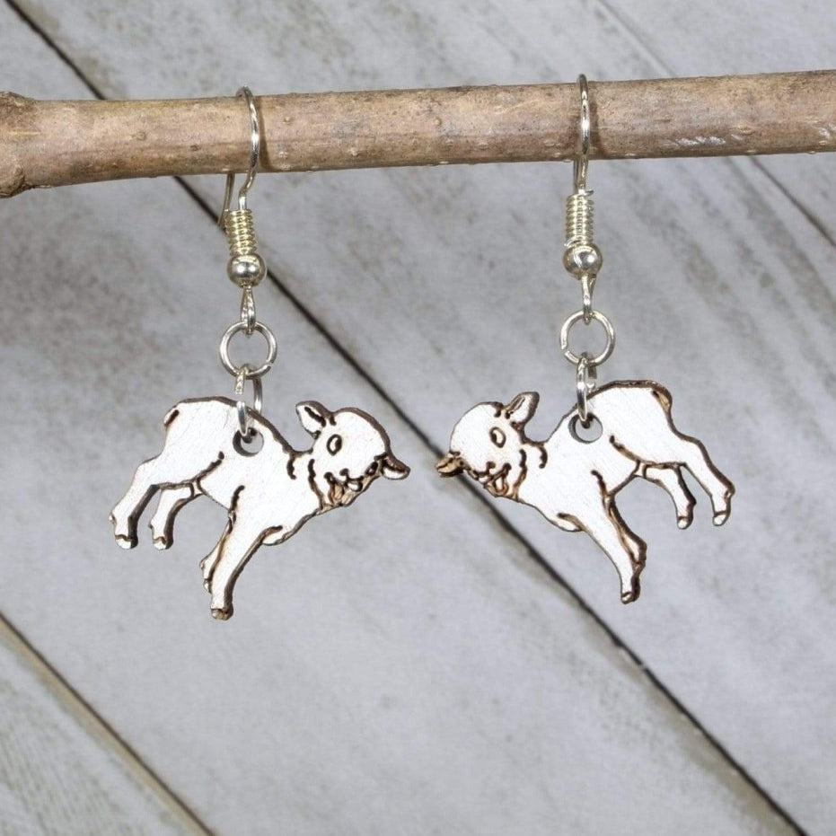 Realistic Lamb Wooden Earrings | Farm Animal Jewelry detail view by Cate's Concepts, LLC