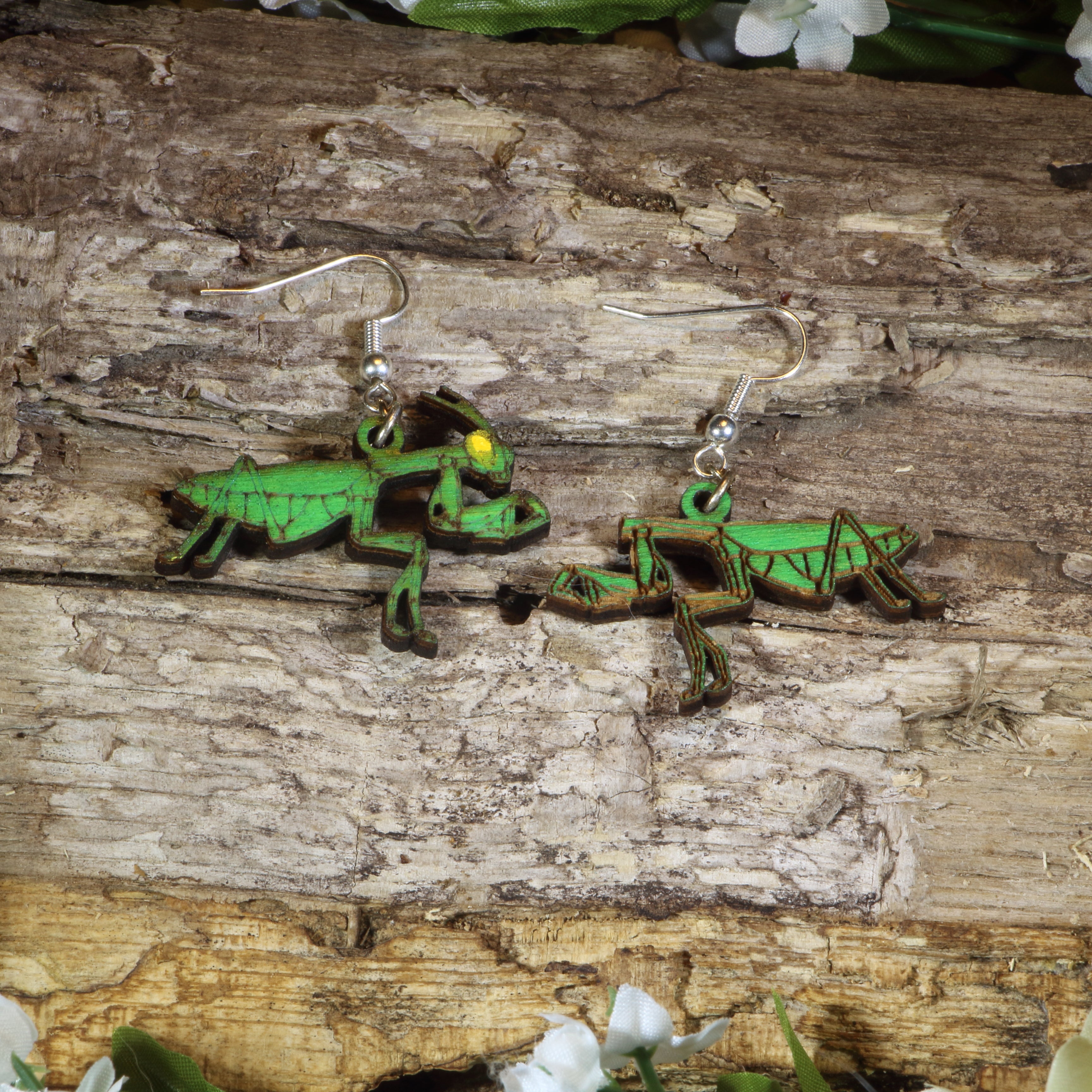 Realistic Praying Mantis Wooden Dangle Earrings | Male & Female Entomology Jewelry by Cate's Concepts, LLC