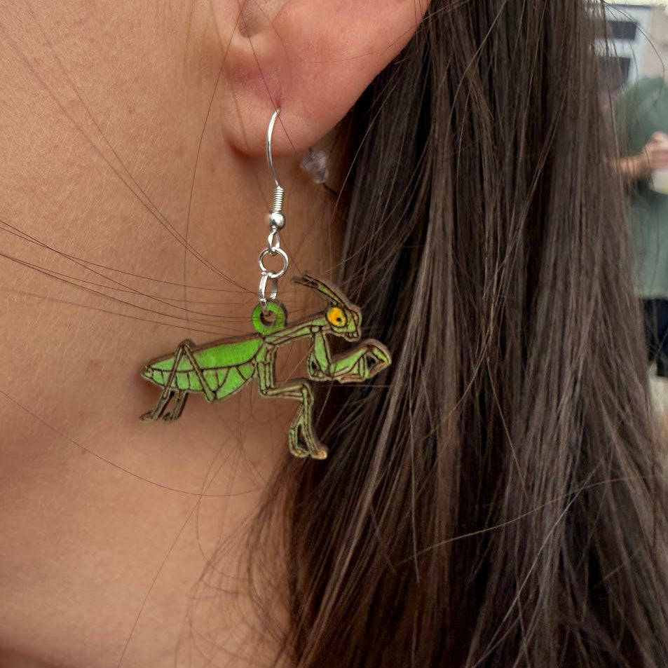 Realistic Praying Mantis Wooden Dangle Earrings | Male & Female Entomology Jewelry