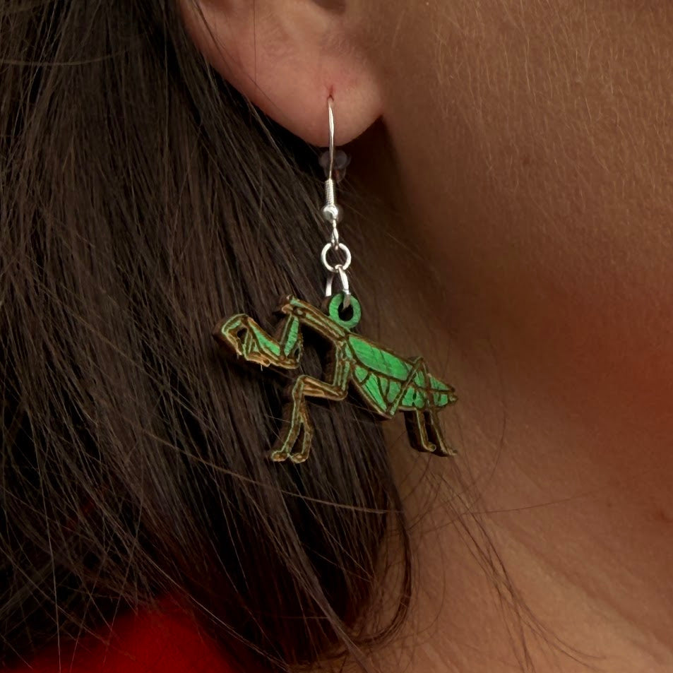 Realistic Praying Mantis Wooden Dangle Earrings | Male & Female Entomology Jewelry