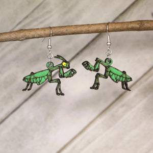 Realistic Praying Mantis Wooden Dangle Earrings | Male & Female Entomology Jewelry