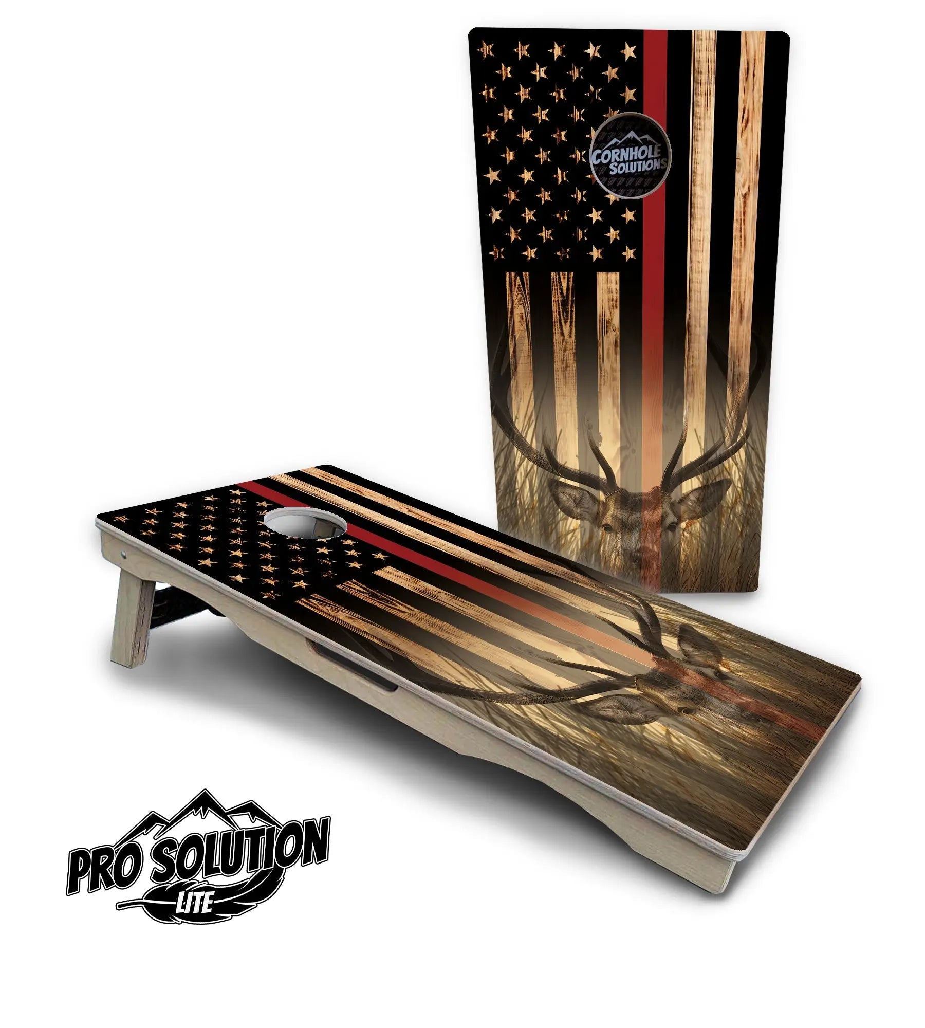 Red Line Deer & Fish Flag Cornhole Boards - Pro Solution Lite Series by Cornhole Solutions, custom cornhole board main product photo