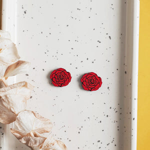 Additional view of Red Rose Stud Earrings hand painted on lightweight wood by LE CHIC MIAMI