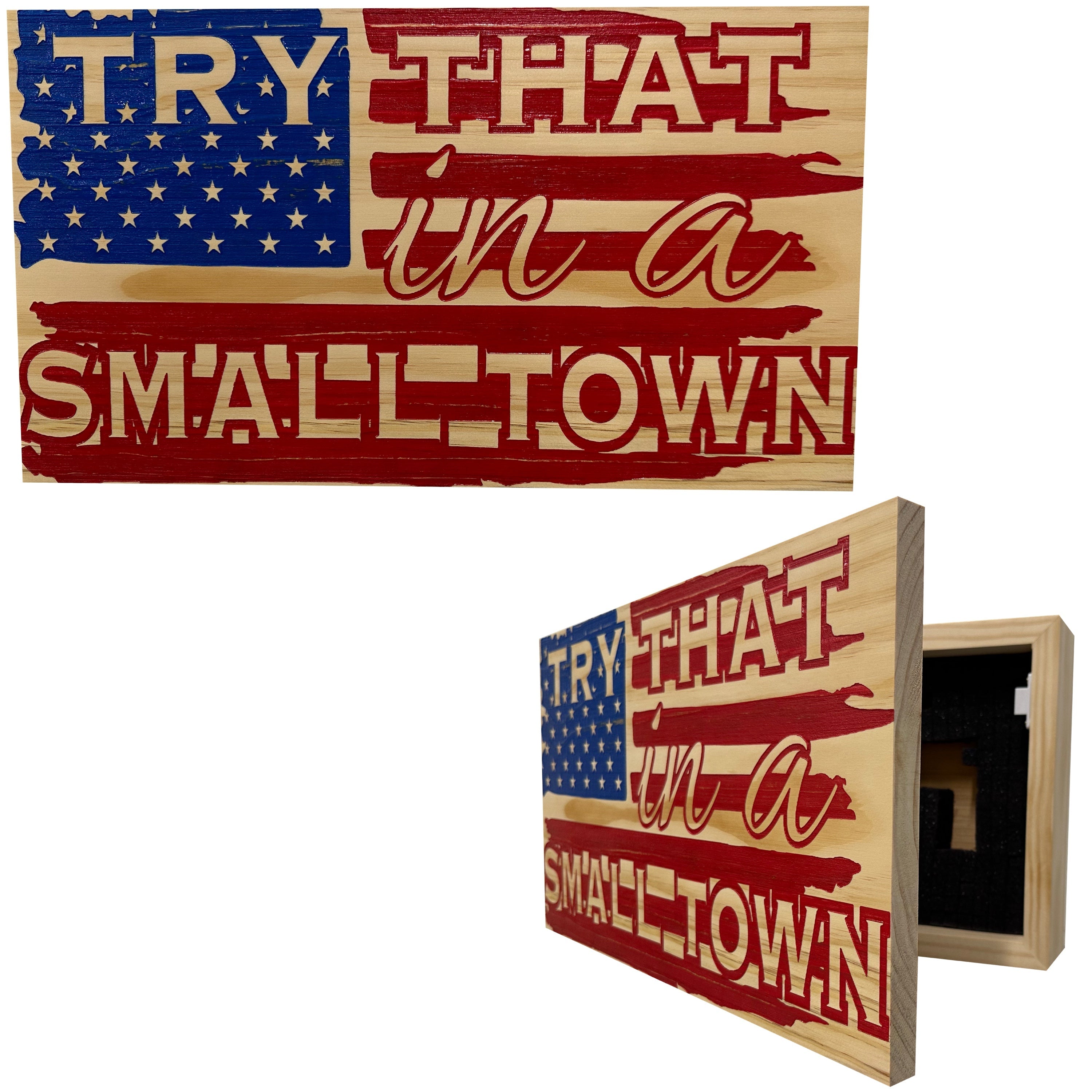 American Flag Try That In A Small Town Decorative and Secure Gun Cabinet (Red and Blue) by Bellewood Designs, Southern home decor main product photo