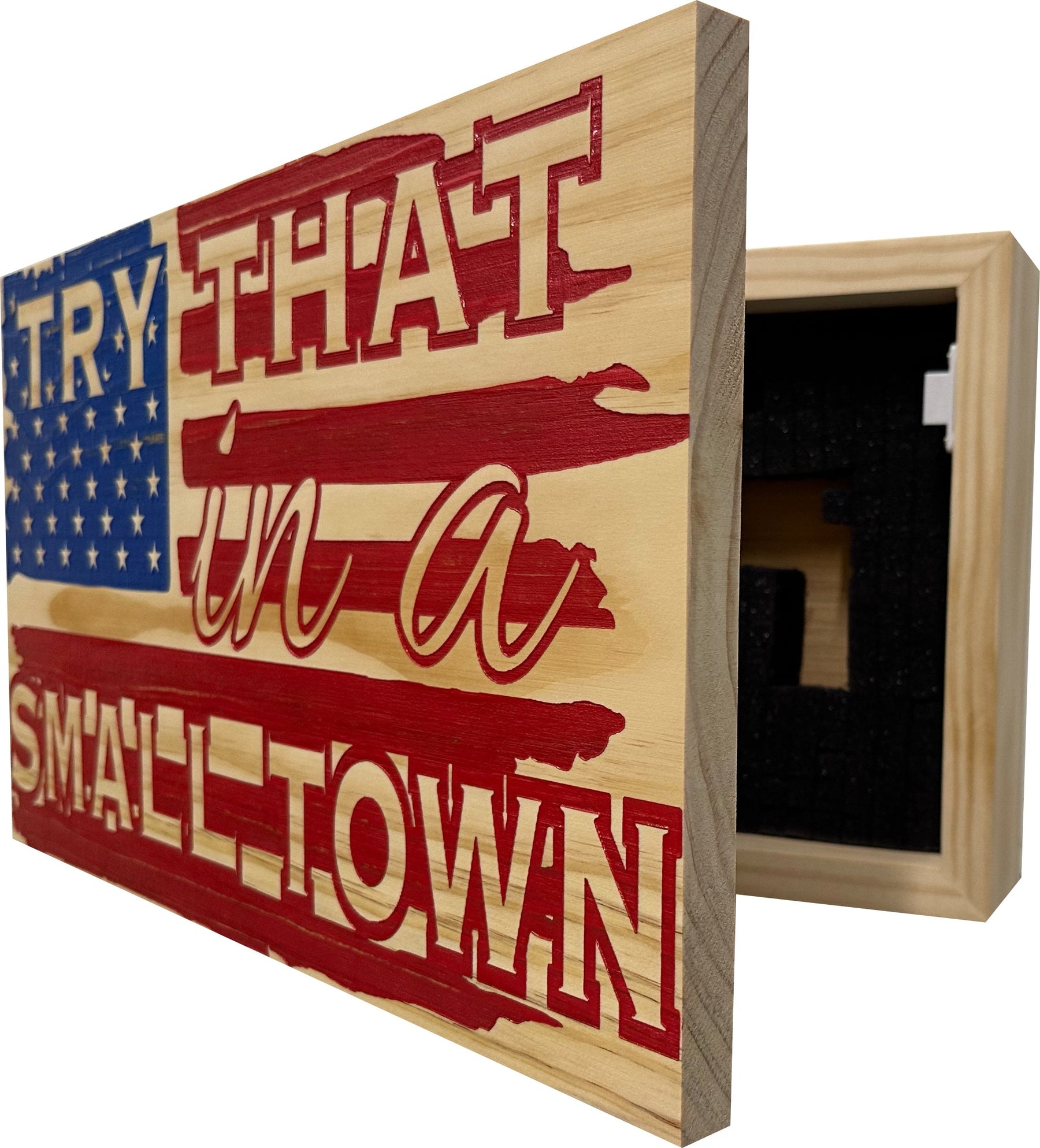 American Flag Try That In A Small Town Decorative and Secure Gun Cabinet (Red and Blue) by Bellewood Designs, Southern home decor detail photo 4