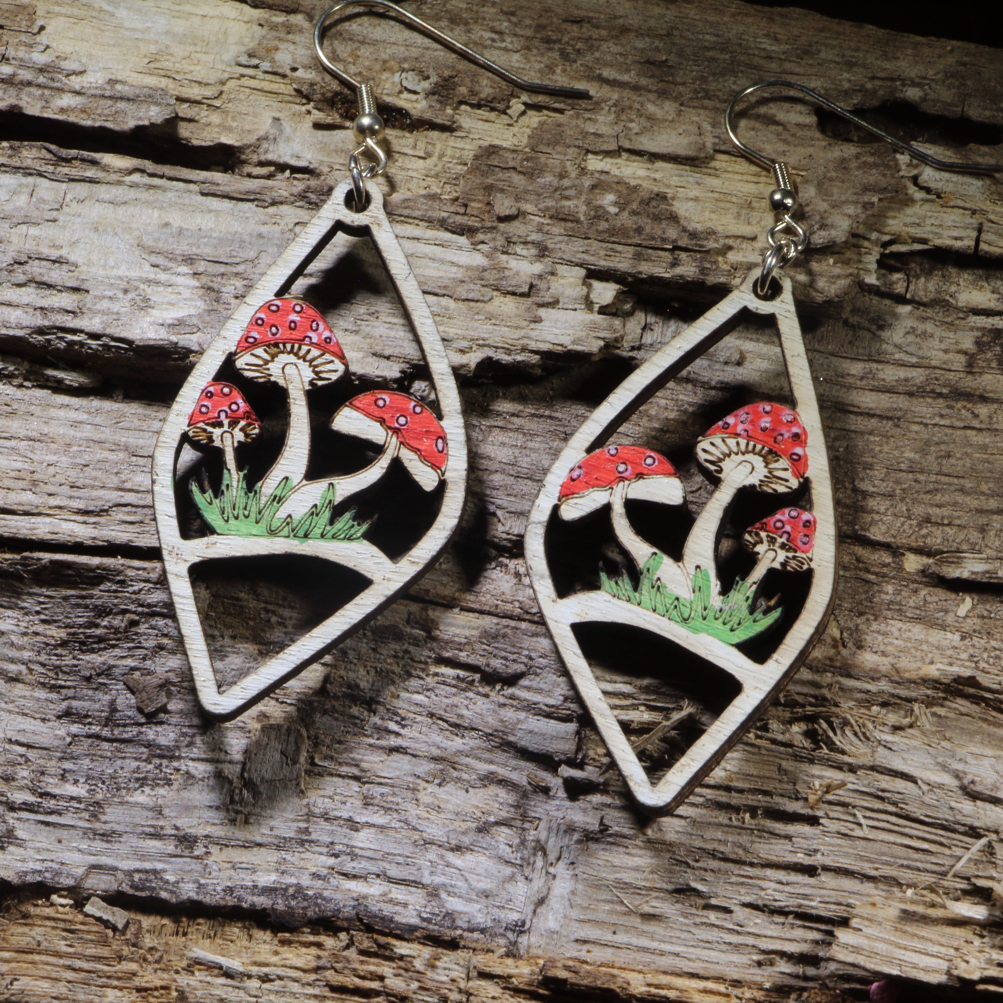 Red Mushroom Garden Wooden Dangle Earrings | Cottagecore Nature Jewelry by Cate's Concepts, LLC