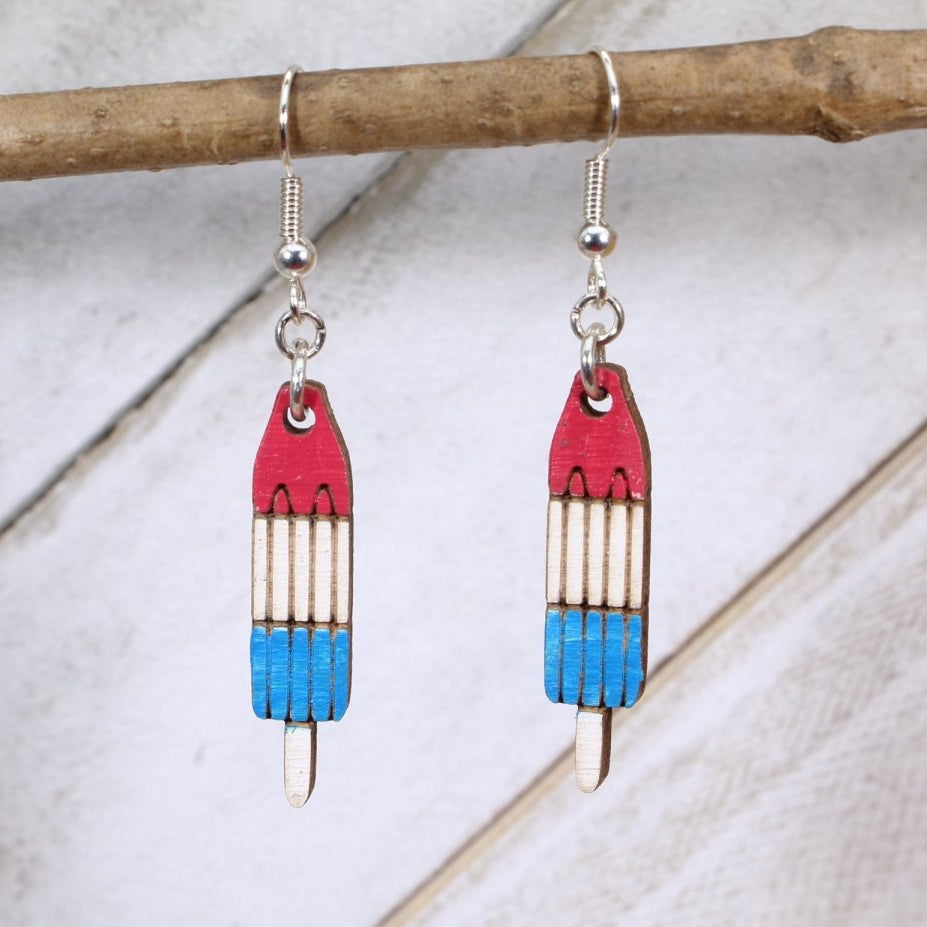 Red White Blue Popsicle Wooden Earrings | Patriotic Summer Jewelry by Cate's Concepts, LLC, handmade jewelry main product photo