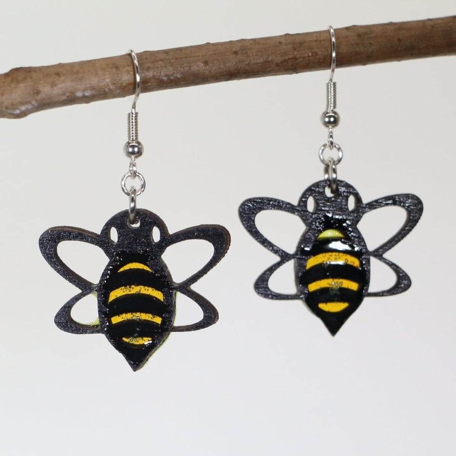 Retro Bee Wooden Dangle Earrings | Vintage Insect Jewelry by Cate's Concepts, LLC, handmade jewelry main product photo