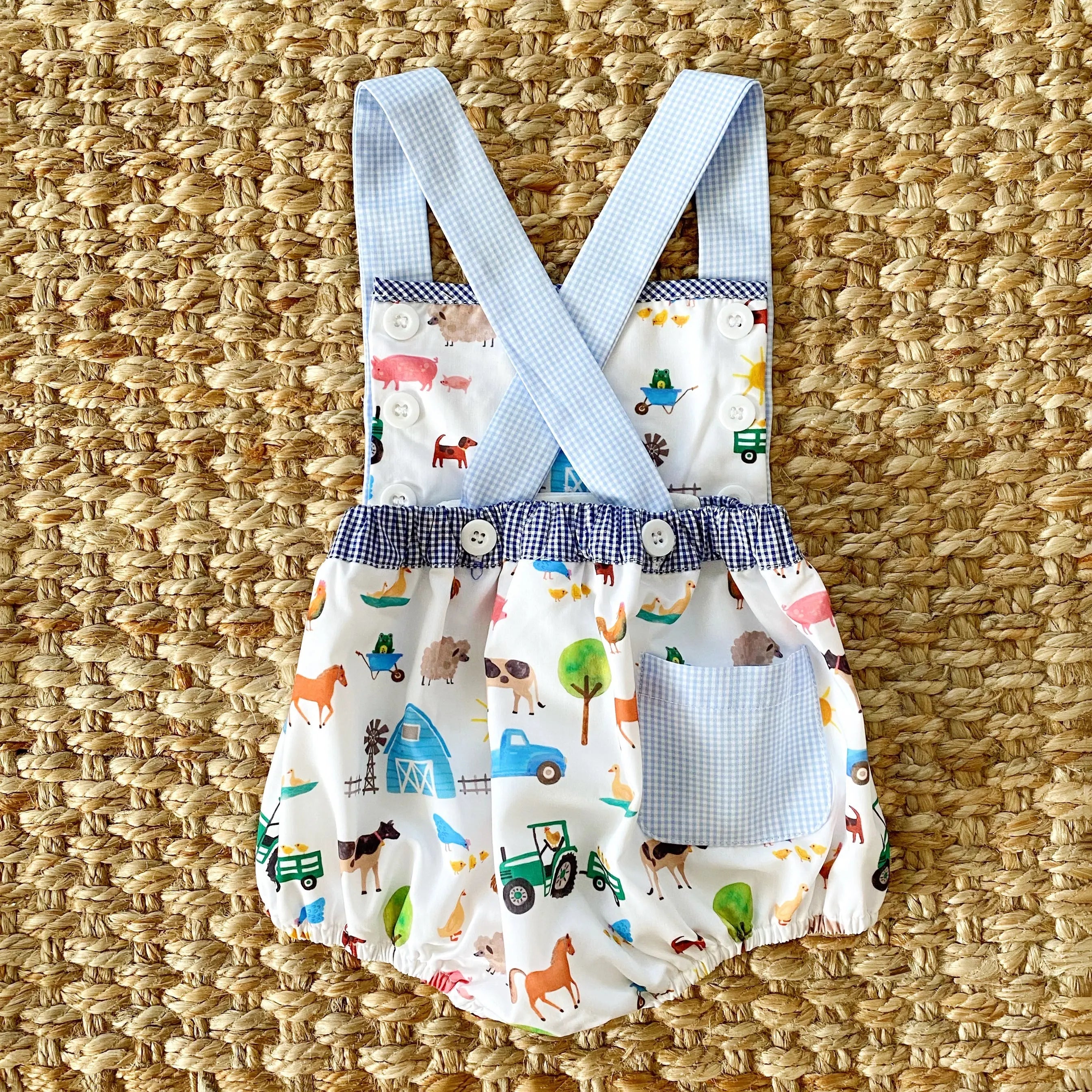 Reversible Farm Truck Sunsuit by Seven Lantern Lane, children's boutique clothing detail photo 2