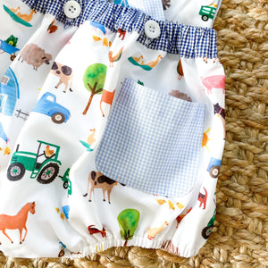 Reversible Farm Truck Sunsuit by Seven Lantern Lane, children's boutique clothing detail photo 3