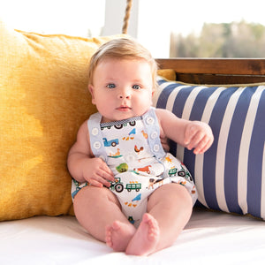 Reversible Farm Truck Sunsuit by Seven Lantern Lane, children's boutique clothing detail photo 4
