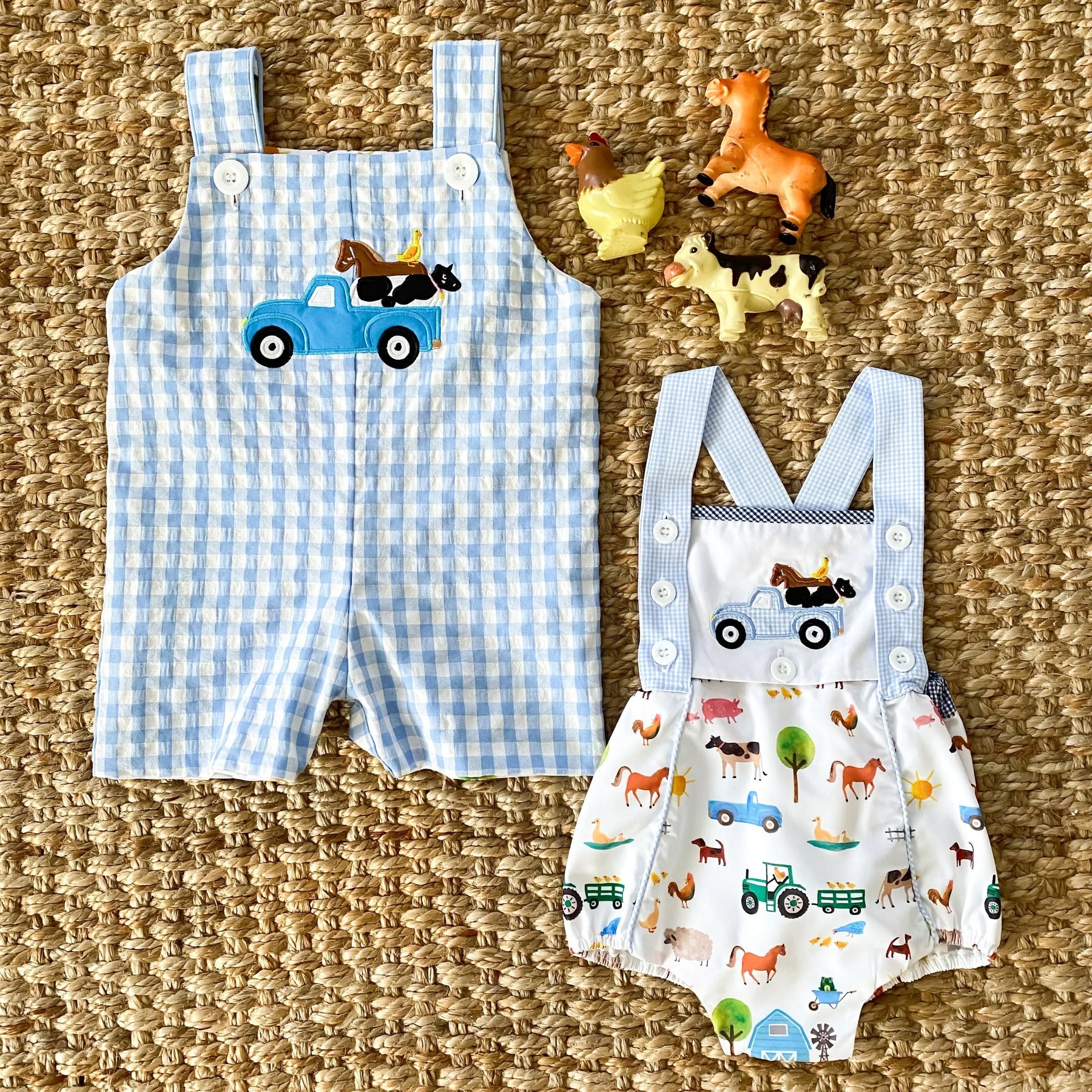 Reversible Farm Truck Sunsuit by Seven Lantern Lane, children's boutique clothing detail photo 5