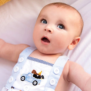 Reversible Farm Truck Sunsuit by Seven Lantern Lane, children's boutique clothing detail photo 6