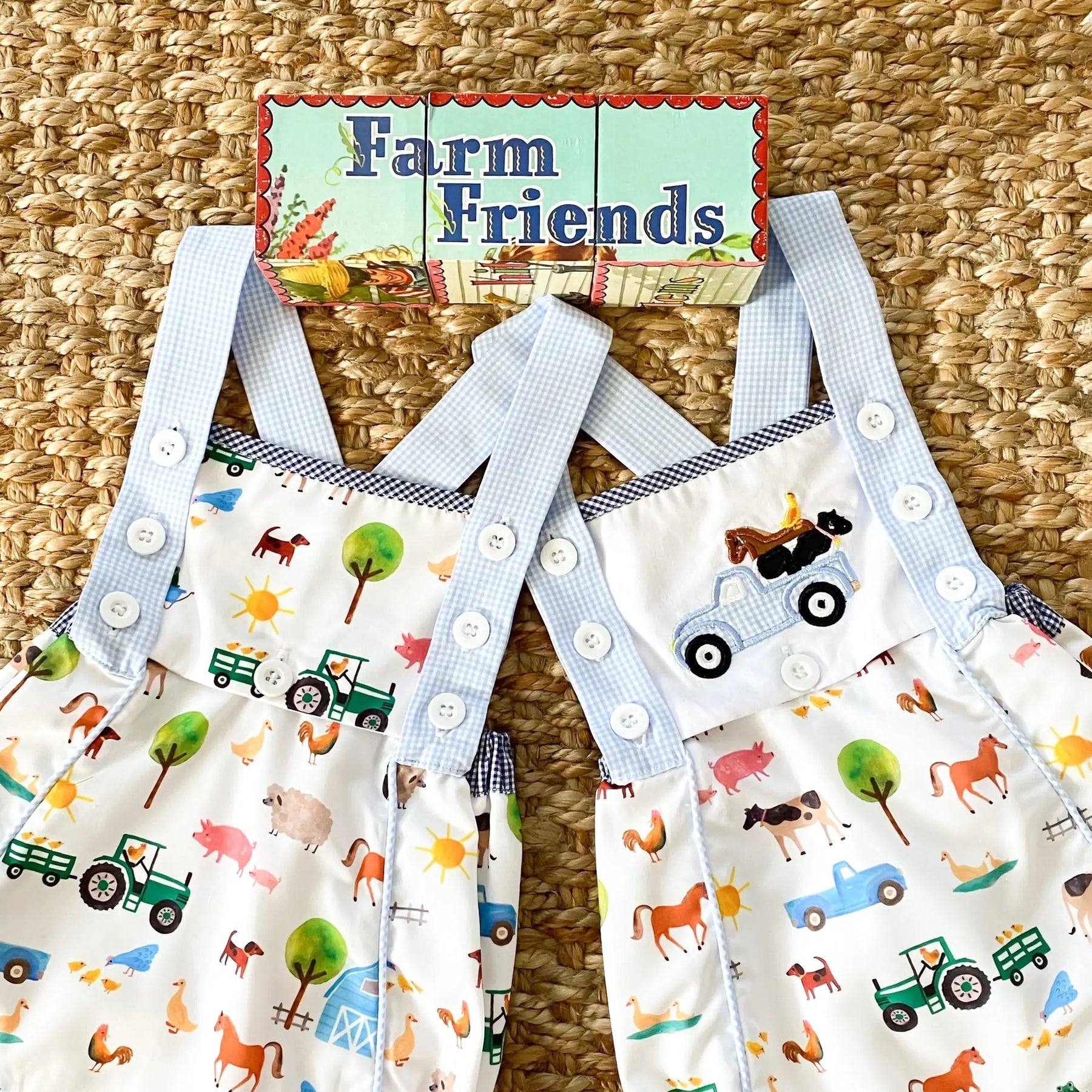 Reversible Farm Truck Sunsuit by Seven Lantern Lane, children's boutique clothing detail photo 7