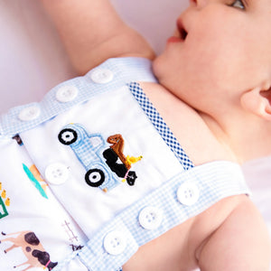 Reversible Farm Truck Sunsuit by Seven Lantern Lane, children's boutique clothing detail photo 10