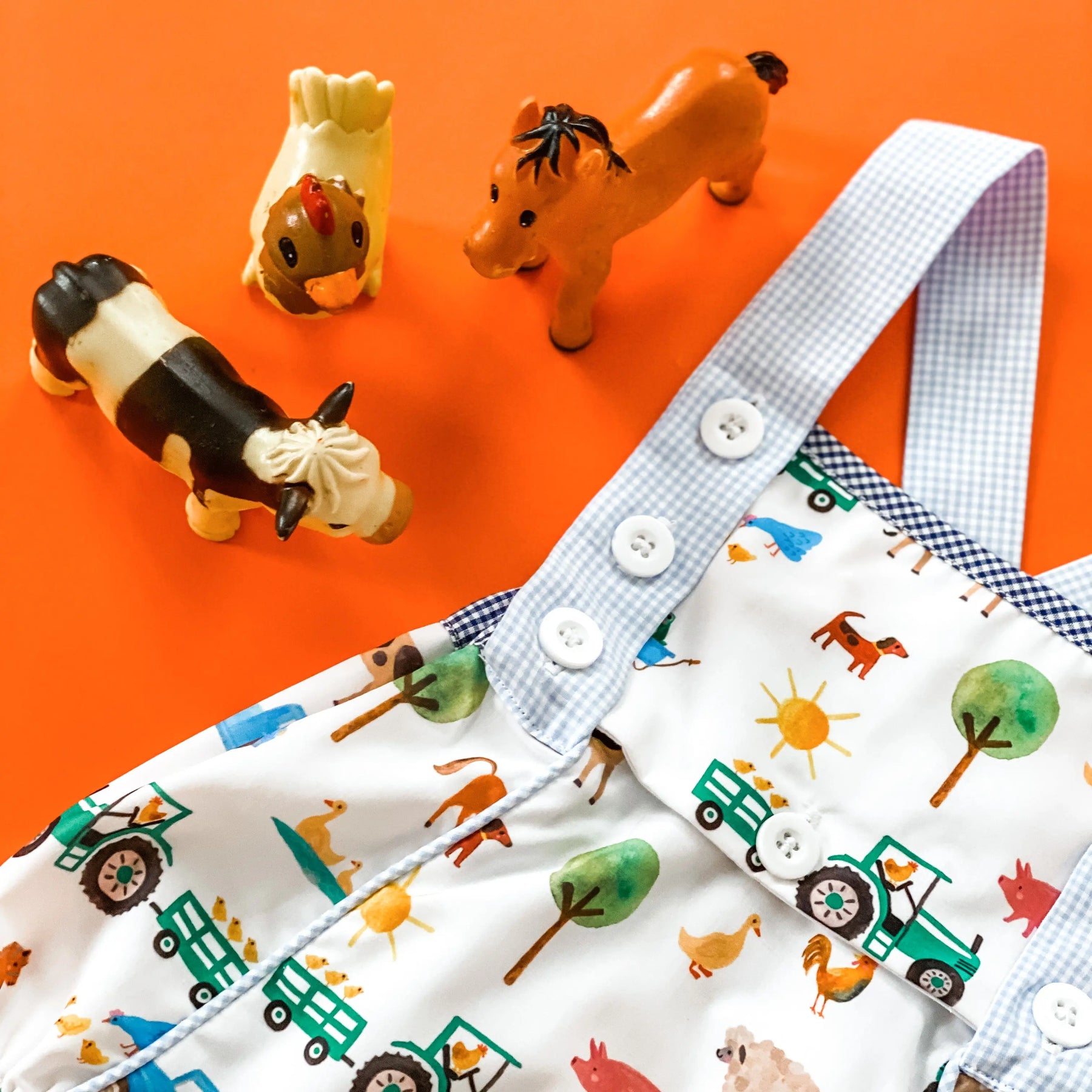 Reversible Farm Truck Sunsuit by Seven Lantern Lane, children's boutique clothing detail photo 11