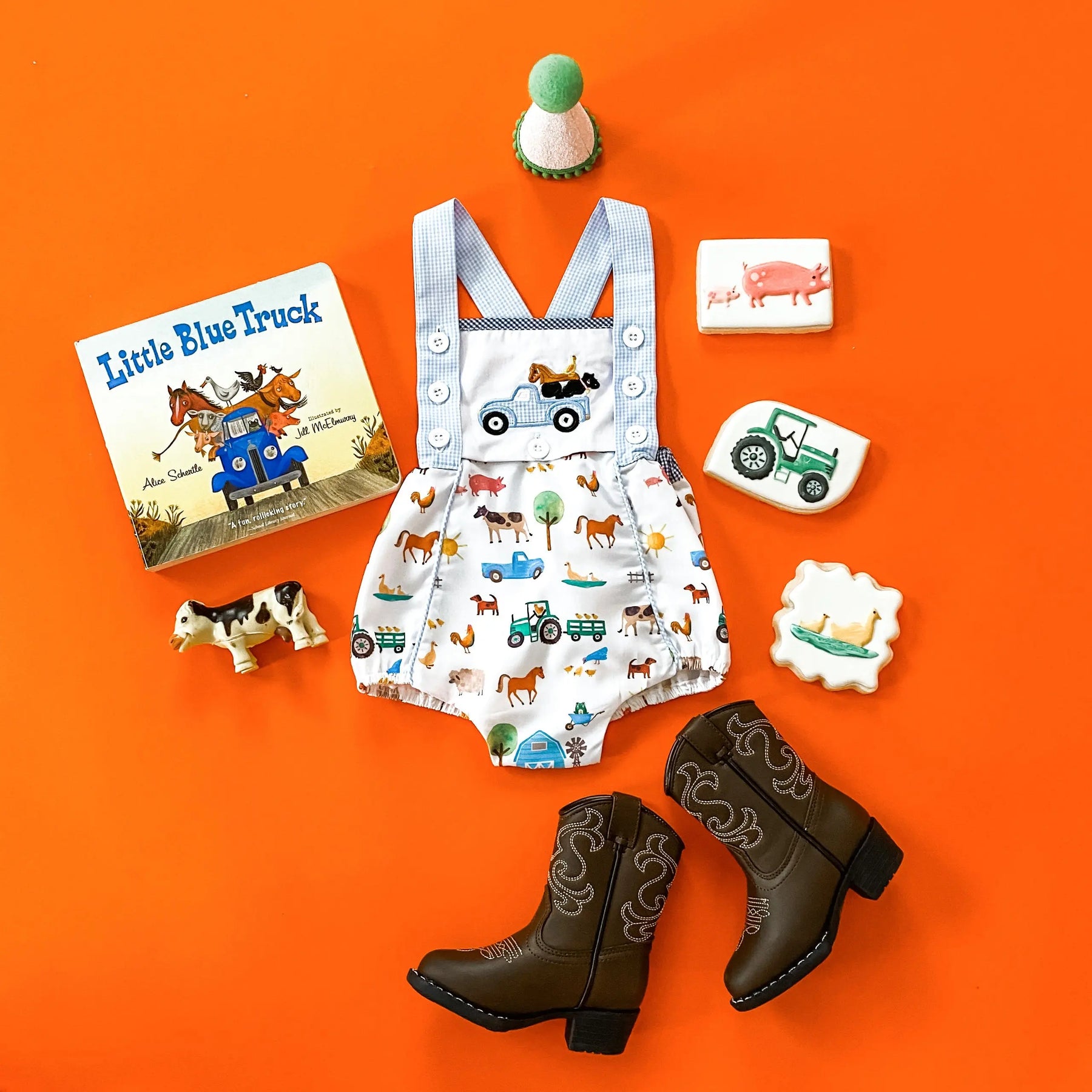 Reversible Farm Truck Sunsuit by Seven Lantern Lane, children's boutique clothing detail photo 12