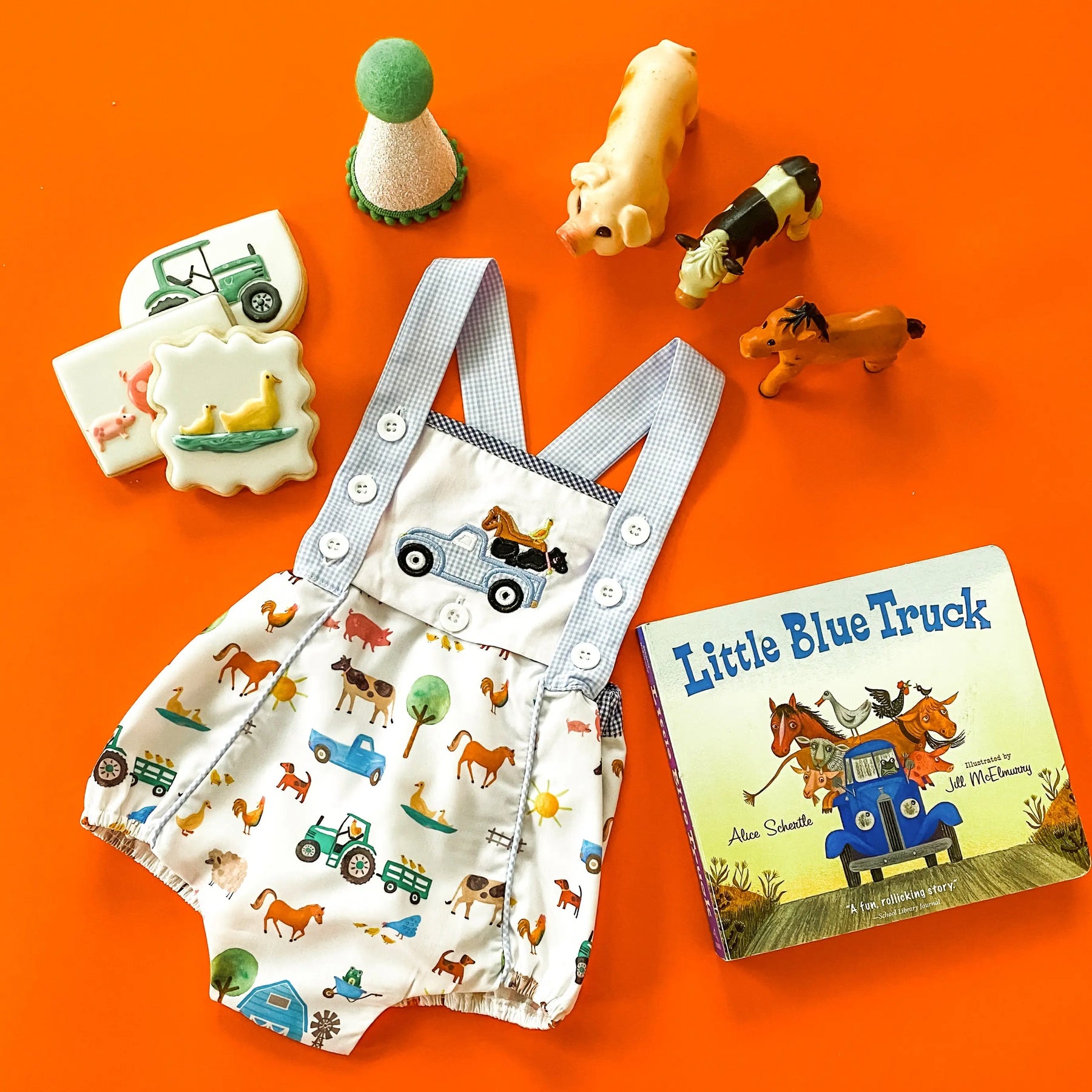 Reversible Farm Truck Sunsuit by Seven Lantern Lane, children's boutique clothing detail photo 13