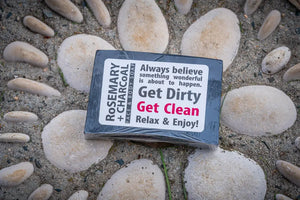 Rosemary + Charcoal Face & Body Soap 5 Oz by Essential Journeys, natural skincare detail photo 2