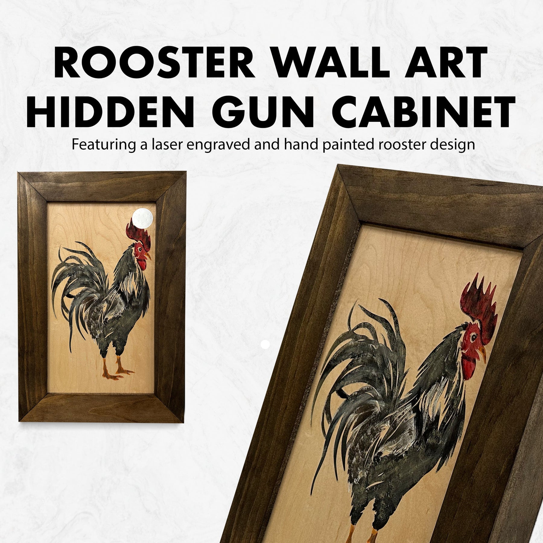 Farmhouse Rooster Gun Concealment Furniture - Handcrafted Hidden Gun Storage Wall Decor - Hidden Gun Shelf with Magnetic Lock for Quick Access by Bellewood Designs, Southern home