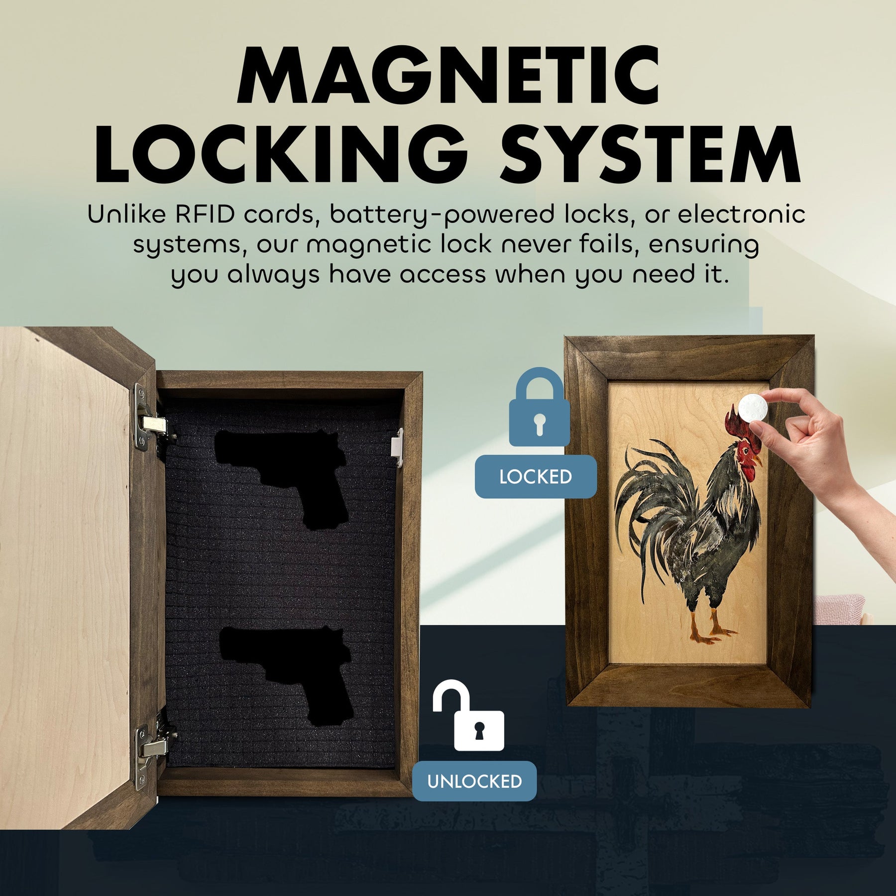 Farmhouse Rooster Gun Concealment Furniture - Handcrafted Hidden Gun Storage Wall Decor - Hidden Gun Shelf with Magnetic Lock for Quick Access by Bellewood Designs, Southern home