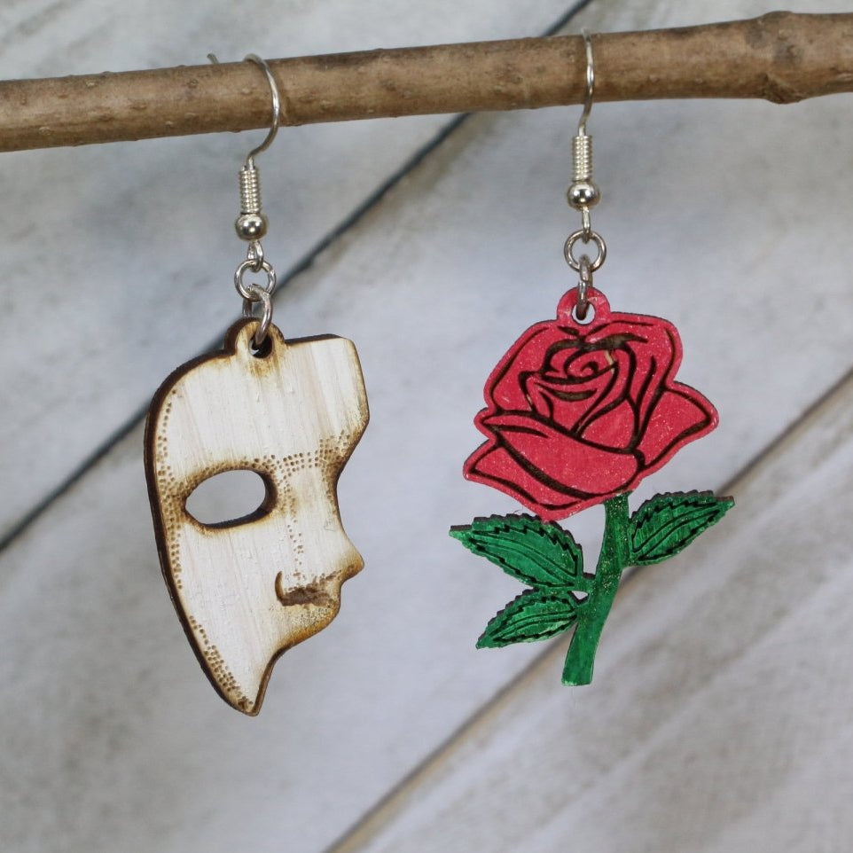 Rose and Mask Wooden Dangle Earrings | Theatre Drama Jewelry by Cate's Concepts, LLC