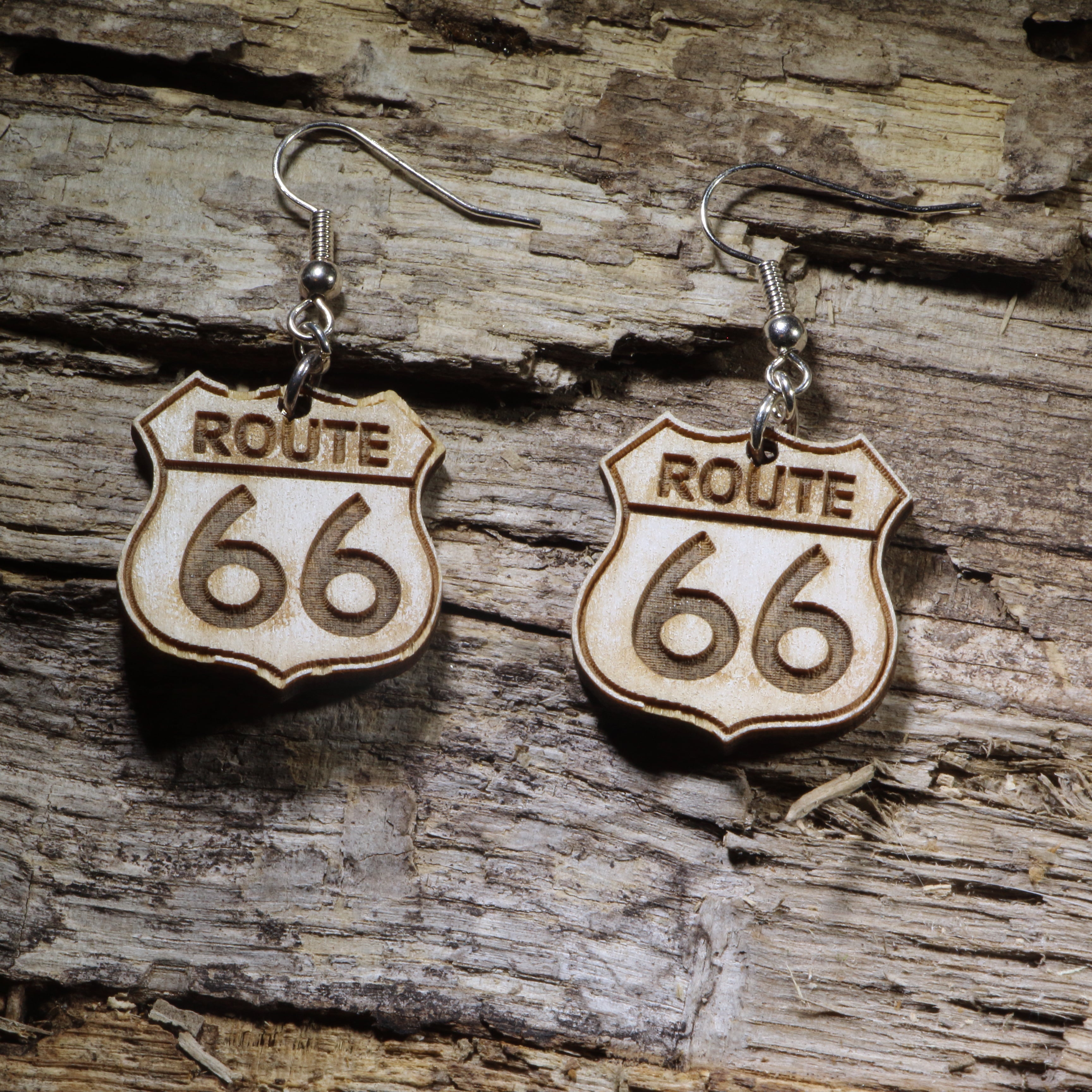 Route 66 Wooden Dangle Earrings | Road Trip Travel Jewelry by Cate's Concepts, LLC