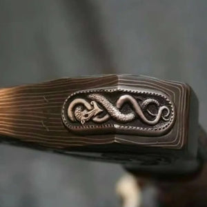 Hand Engraved Damascus Viking Axe with Carved Hardwood Handle and Matching Damascus Knife | Norse Collector Axe Set | JW SteelCrafts by JW SteelCrafts, Damascus knife detail