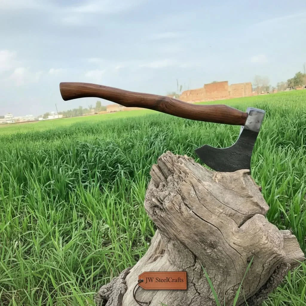 Matching Pair of Hand-Forged Damascus Bearded Axes with Curved Rosewood Handles by JW SteelCrafts, Southern handmade gift detail photo 4