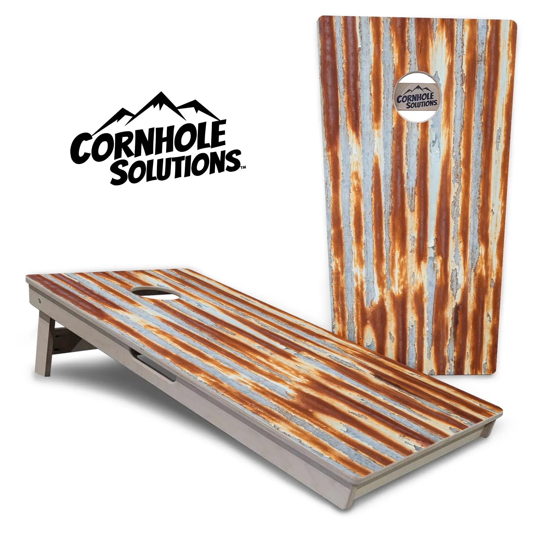 Rustic Tin Roof Cornhole Boards - Professional Tournament Cornhole Boards by Cornhole Solutions, custom cornhole board main product photo