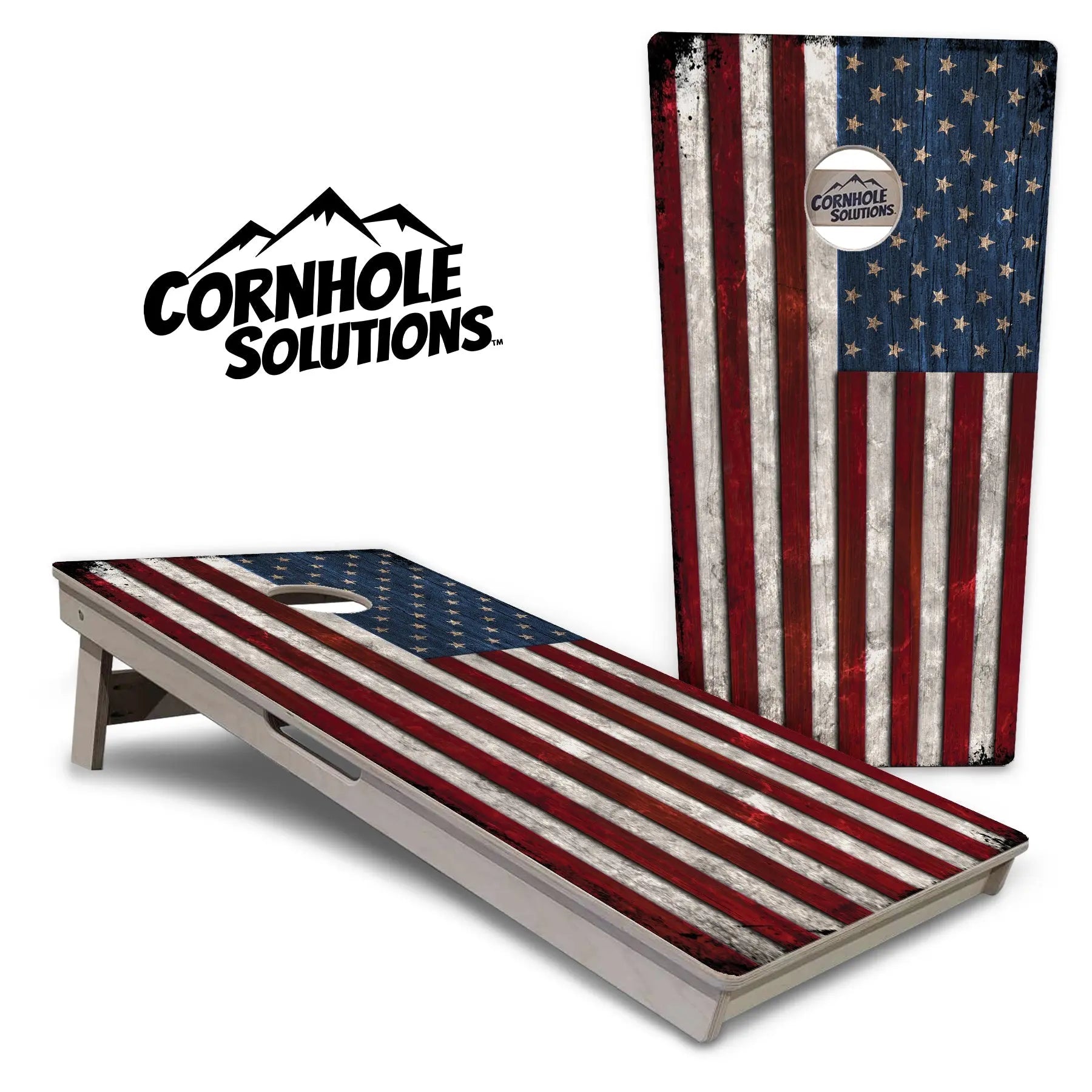 Rustic USA Flag Cornhole Boards - Professional Tournament Series by Cornhole Solutions, custom cornhole board main product photo