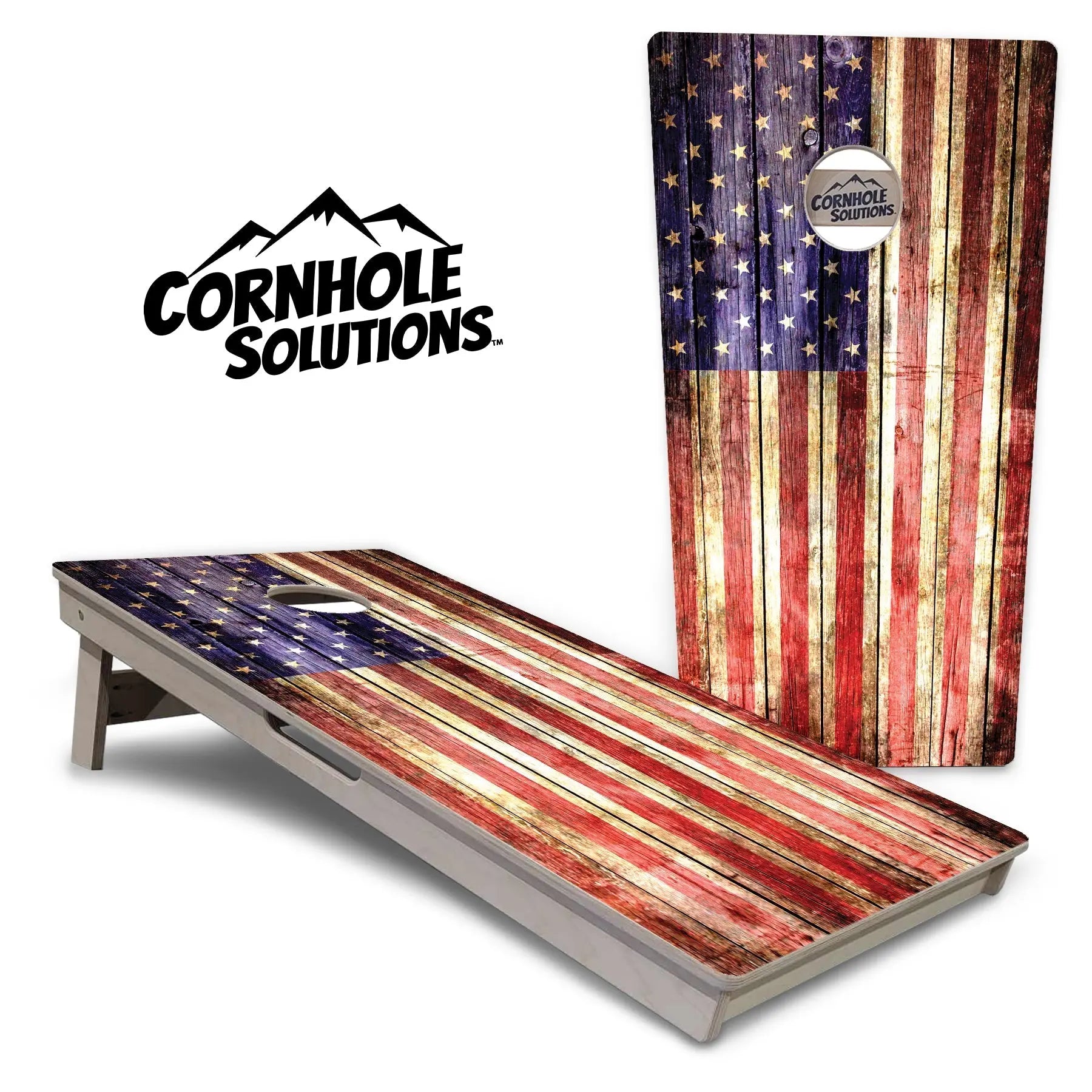 Rustic Wood Flag Cornhole Boards - Professional Tournament Series by Cornhole Solutions, custom cornhole board main product photo