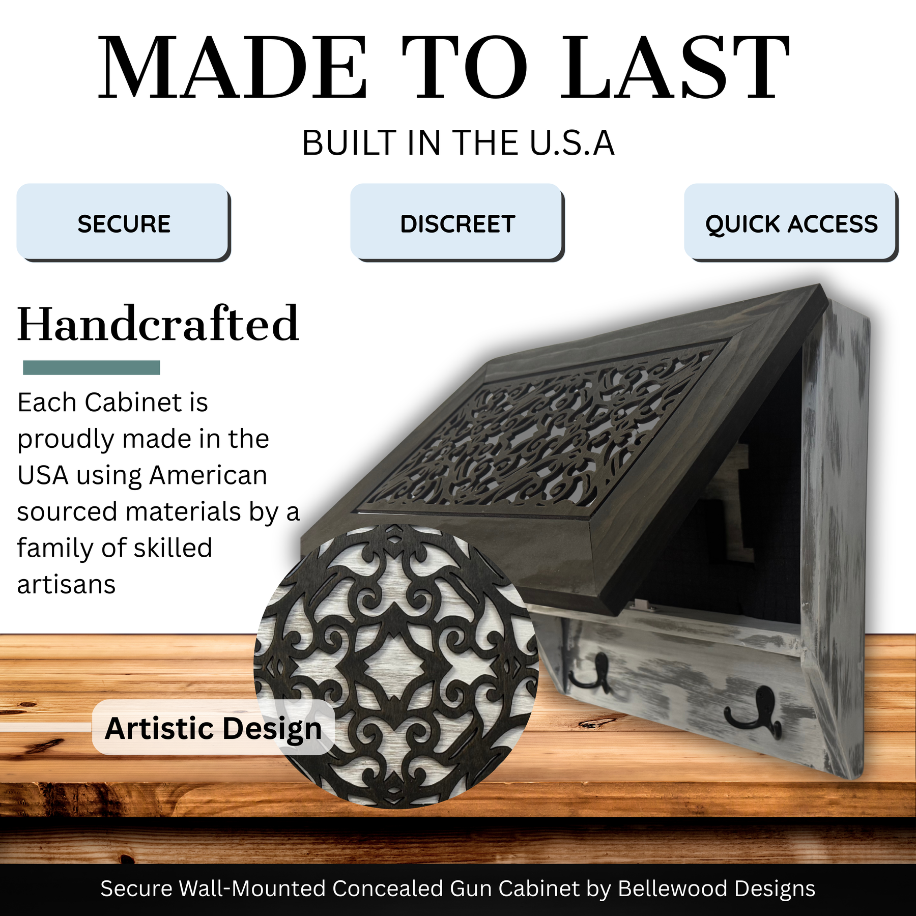 Rustic Diamond Hidden Gun Cabinet – Ornate Concealment Coat Rack with Multi-Purpose Hooks by Bellewood Designs, Southern home decor detail photo 3