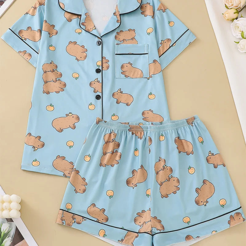Capybara & Orange Women's Pajama Set — Short Sleeve Top & Shorts by The Mississippi Mermaid Mercantile - view 5