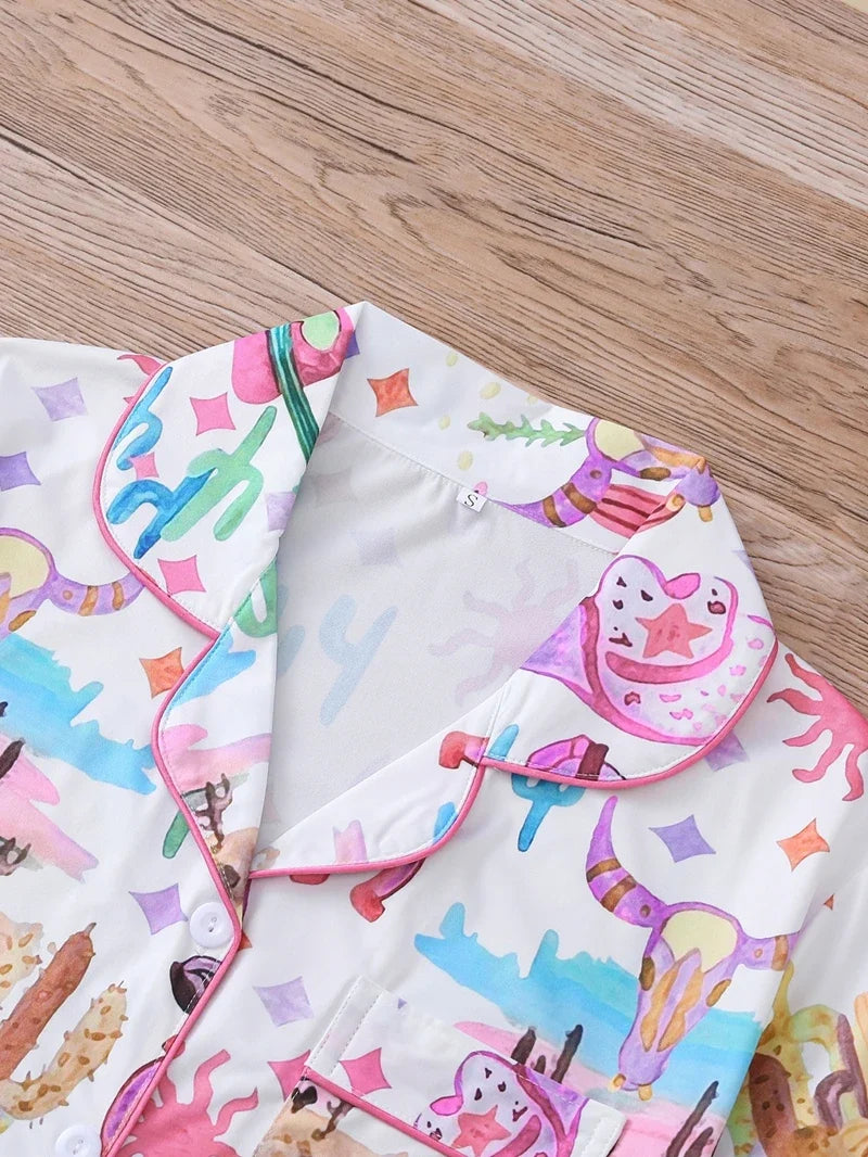 Boots Scootin' Women's Pajama Set — Button-Down Top & Shorts with Cowgirl & Cactus Print by The Mississippi Mermaid