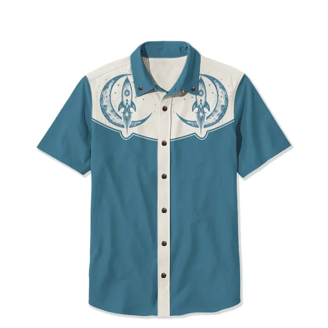 Retro Rocket Moon Men's Shirt — Space Print Camp Collar Button-Down by The Mississippi Mermaid Mercantile