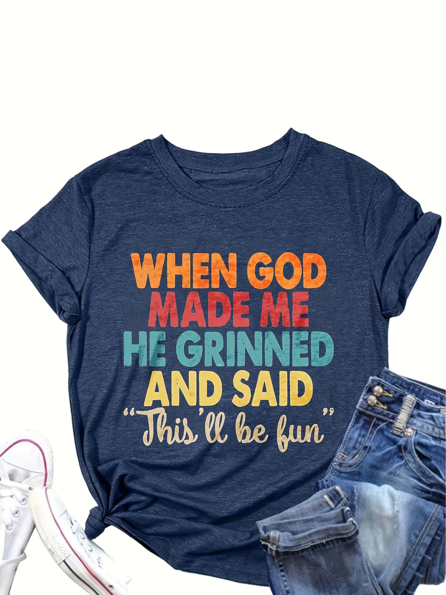 When God Made Me He Grinned Women's Tee, Funny Religious Quote Beige Top by The Mississippi Mermaid Mercantile - view 2