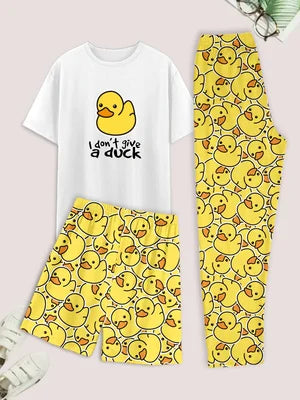 Men's casual pajama set of 3 pieces, duck-print short-sleeved T-shirt, shorts, and pants, comfortable summer clothing by The