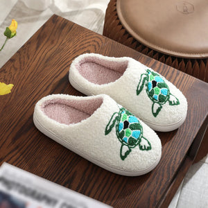 Sea Turtle Embroidered Plush Slippers — Cozy Coastal Indoor House Shoes by The Mississippi Mermaid Mercantile - view 3