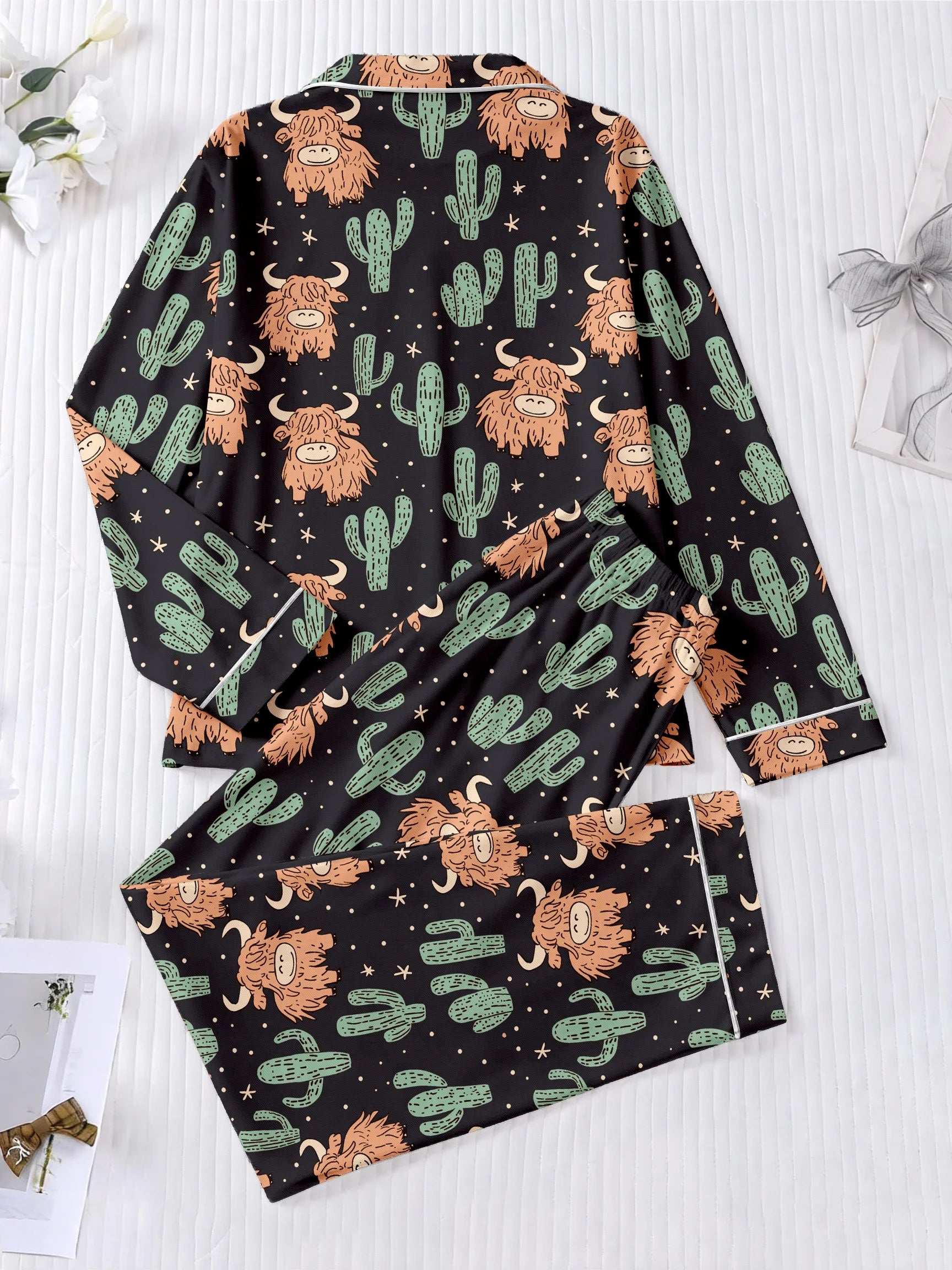 Highland Cow & Cactus Women's Pajama Set — Long Sleeve Top & Pants by The Mississippi Mermaid Mercantile - view 2