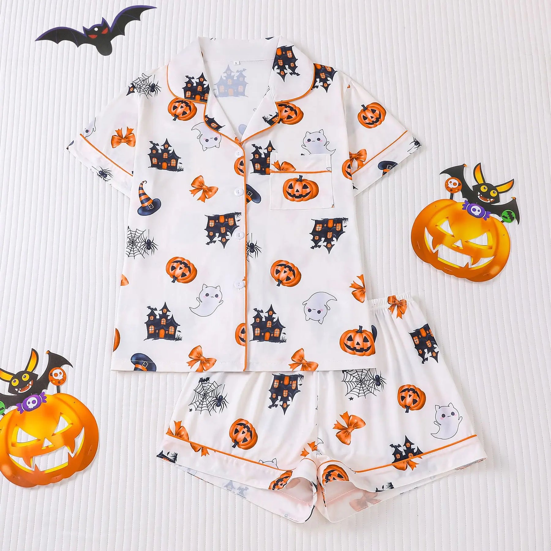 Halloween Ghost & Pumpkin Women's Pajama Set — Short Sleeve Top & Shorts by The Mississippi Mermaid Mercantile - view 13