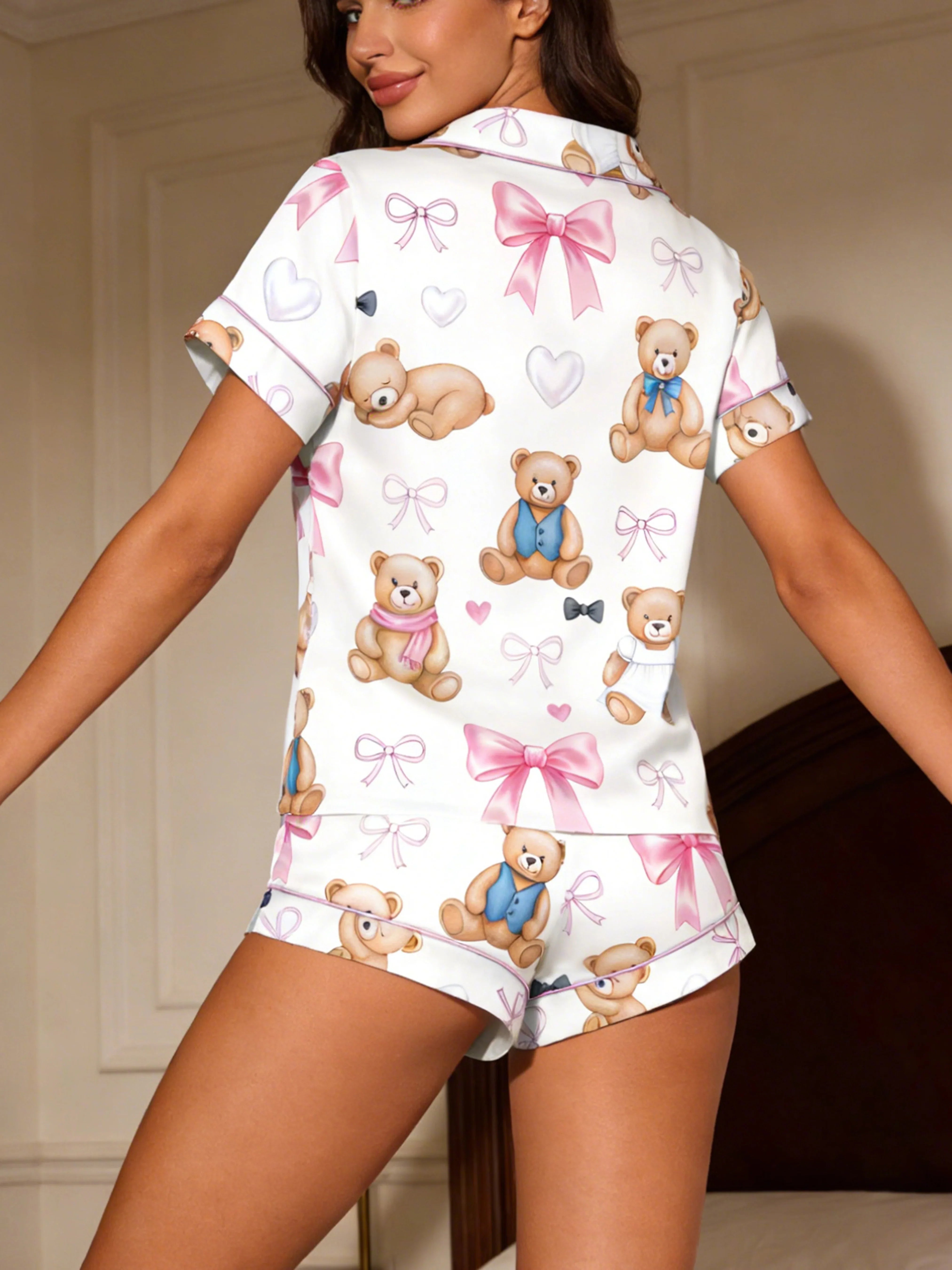 Teddy Bear & Pink Bow Women's Pajama Set — Short Sleeve Top & Shorts by The Mississippi Mermaid Mercantile - view 2